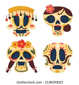 hand drawn flat dia de muertos skulls collection set vector