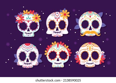 hand drawn flat dia de muertos skulls collection set vector