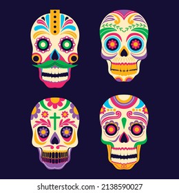 hand drawn flat dia de muertos skulls collection set vector