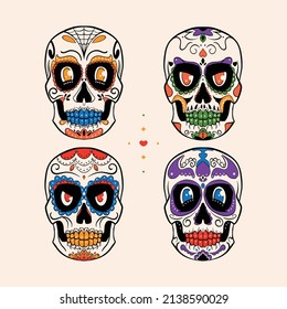 hand drawn flat dia de muertos skulls collection set vector