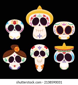 hand drawn flat dia de muertos skulls collection set vector