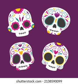 hand drawn flat dia de muertos skulls collection set vector