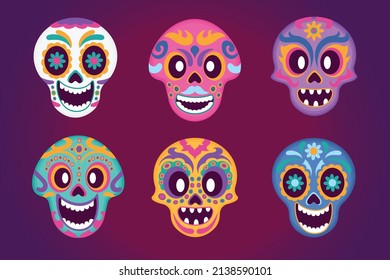 hand drawn flat dia de muertos skulls collection set vector