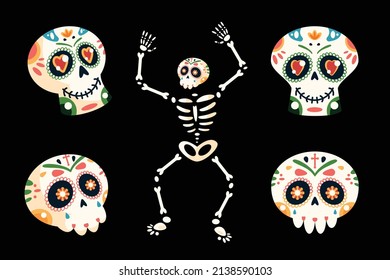 hand drawn flat dia de muertos skulls collection set vector
