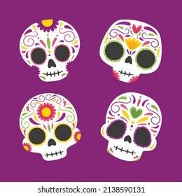 hand drawn flat dia de muertos skulls collection set vector