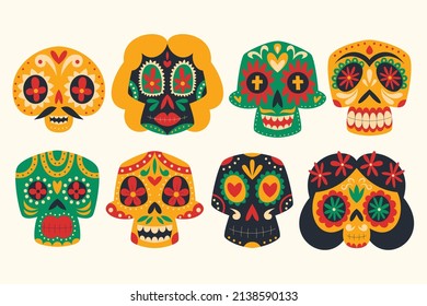 hand drawn flat dia de muertos skulls collection set vector