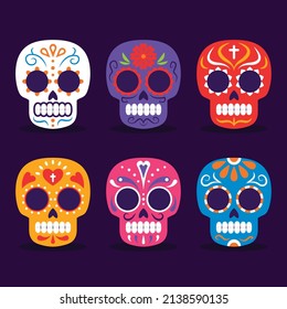 hand drawn flat dia de muertos skulls collection set vector