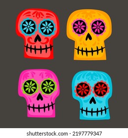 Hand drawn flat dia de muertos skulls