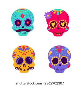 Handgezeichnete Kollektion von flachen dia de muertos skulls.