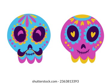 Hand drawn flat dia de muertos skulls collection.