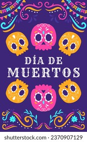 hand drawn flat dia de muertos vertical banner illustration. translation: day of the dead