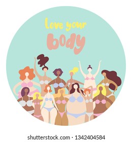 Hand drawn Flat different women. Great set of beautiful diversity ladies with lettering. Circle body positive concept