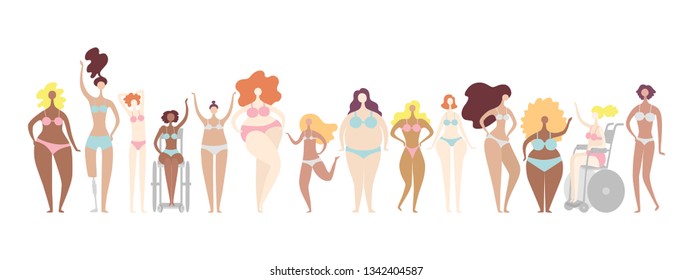Hand drawn Flat different women. Great set of beautiful diversity ladies on white background
