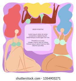 Hand drawn Flat different women. Frame template with beautiful diversity ladies. Square body positive concept and place for text