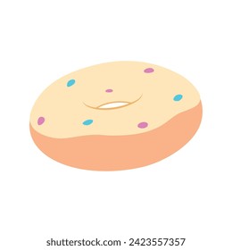 Hand drawn flat donut isolated on a white background. Cute, colorful donut with beige glaze and colorful sprinkles. Simple modern design. Realistic vector illustration in flat style