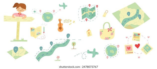Hand drawn flat doodles vector design elements set of guitar, airplane, passport, world map pin, wood road sign, location, roadmap. travel concept illustration.