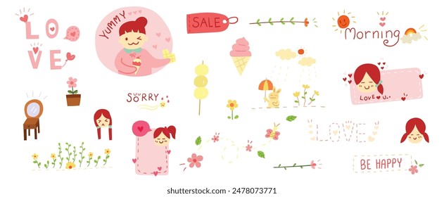 Hand drawn flat doodles vector design elements set of flower, morning lettering, meatball, butterfly, ice cream, love lettering, sale tag, dressing table. 