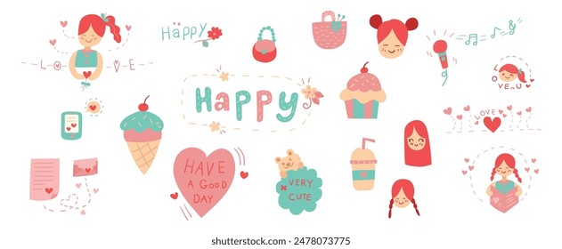 Hand drawn flat doodles vector design elements set of woven bag, happy lettering, singing, girl reding letter, cupcake, ice cream cone, love heart.