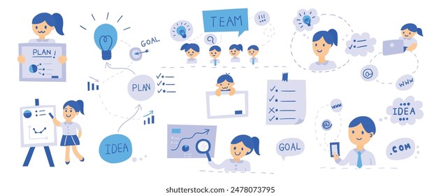 Hand drawn flat doodles vector design elements set of business team, goal speech bubble, to do list, presentation business plan, working online, business planning. business concept illustration.