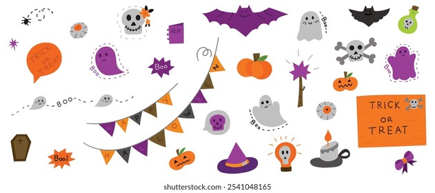 Dibujado a mano Elementos de diseño de Vector de garabatos planos conjunto de arco, globo ocular, fantasma, cráneo, araña, murciélago, calabaza, guirnalda. Ilustración de concepto de Halloween.