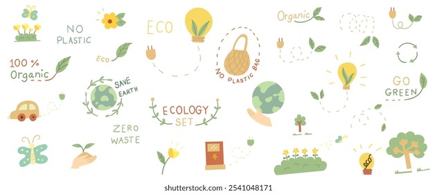 Hand drawn flat doodles vector design elements set of eco energy, electric car, eco station, save world, recycle. Ecology concept illustration.