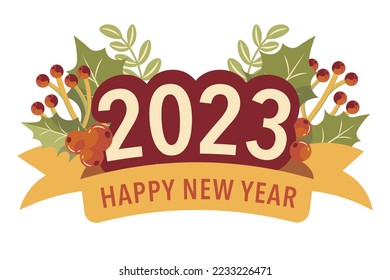 hand drawn flat drawing banner with inscription 2023 and christmas plants happy new year