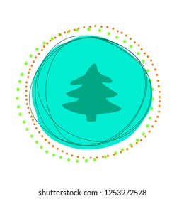 Hand drawn flat element of New Year holiday decoration, round green ball with Christmas tree. Vector sketch.