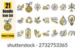 Hand Drawn Flat Energy and Ecology Doodle Icon Set – Renewable Power, Green Energy and Sustainability Vector Collection