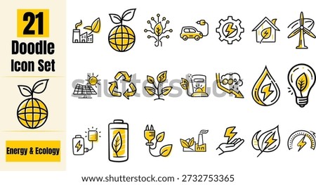 Hand Drawn Flat Energy and Ecology Doodle Icon Set – Renewable Power, Green Energy and Sustainability Vector Collection