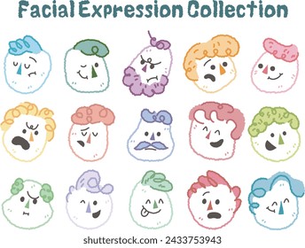 Hand drawn flat face with variety cute and funny facial expression set. Cartoon doodle style round character emotion. Comic colorful happy, calm, worry, angry, anxiety, smile face with line draw hair