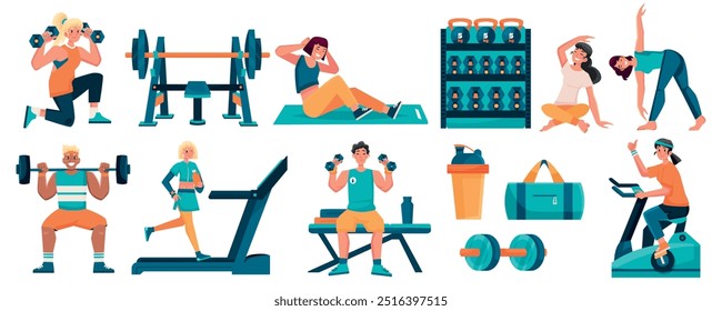 Conjunto de ícones de fitness plano desenhados à mão
