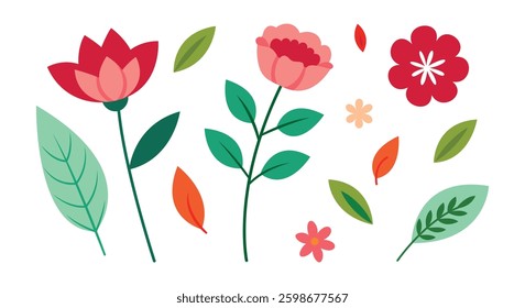 Hand Drawn Flat Floral Illustration. Colorful Flowers and Leaves Vector Design