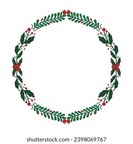 Marco floral plano dibujado a mano redondo de Navidad