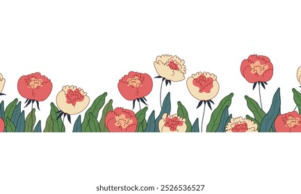 Hand drawn flat Flowers and Leaves, decorative ornamental border. Not Seamless horizontal border, vector pattern, ornament. Vector cartoon spring or summer illustration.