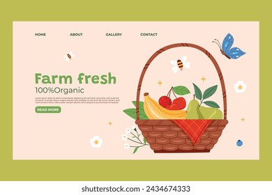 Hand drawn flat fruit harvest landing page template with a baske
