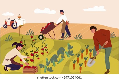 Hand drawn flat fruit harvest composition background with people