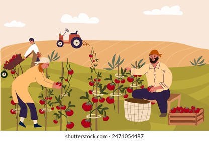 Hand drawn flat fruit harvest composition background with people