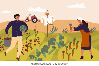 Hand drawn flat fruit harvest composition background with people