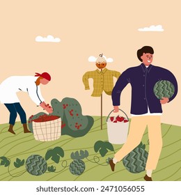 Hand drawn flat fruit harvest composition background with people