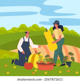 Hand drawn flat fruit harvest composition