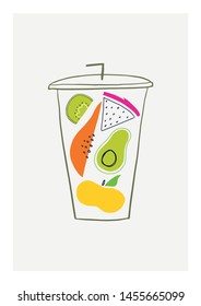 Hand drawn flat fruits with line plates. Trendy abstract shapes and line art poster. Vector modern illustration.