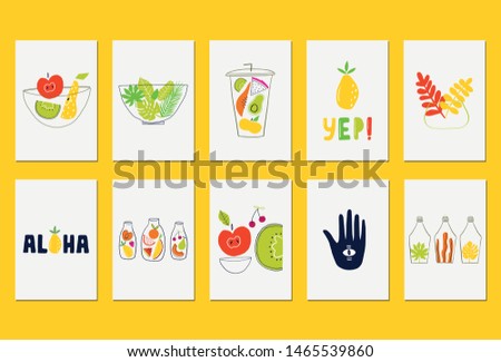 Hand drawn flat fruits with line dishes. Vector kids cards set.