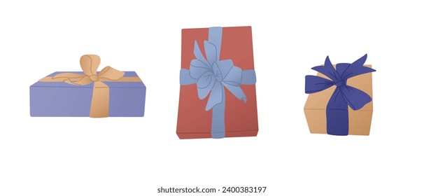 Hand drawn flat gift boxes with ribbons. Presents for birthday, christmas, wedding, anniversary. Vector isolated illustration on white background. Goo