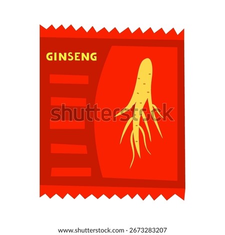 Hand drawn flat ginseng powder in sachet supplement isolated on white background.