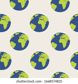 A hand drawn flat globe seamless pattern. Print for the Earth day. Vector Illustration with save the planet meaning. Perfect for wallpaper, wrap paper, cards, posters, booklet, design
