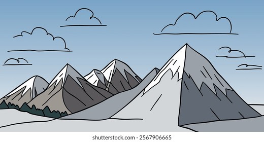 Hand drawn flat graphic vector sketch of abstract snowy mountain landscape with sharp triangular snowcapped mount peaks. Simple cartoon design concept of winter nature scenery or hiking tourism.