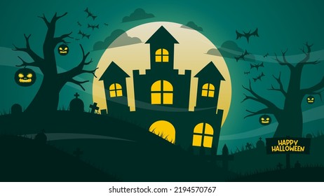Hand drawn flat halloween background with castle and cemetery. Perfect for halloween backdrops, halloween invitations and party on halloween night.