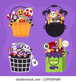 Hand drawn flat halloween bag collection set
