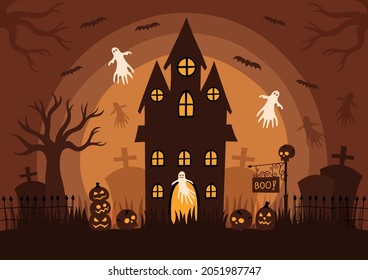 Hand drawn flat Halloween silhouette background, vector illustration.