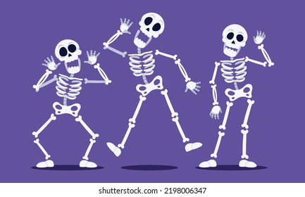 Colección de esqueletos planos de halloween dibujados a mano. Colección de adorables personajes espeluznantes con cráneo y huesos bailando, saltando, ocupando en cuclillas y jugando. Criatura aterradora con articulaciones.EPS vectora 10.